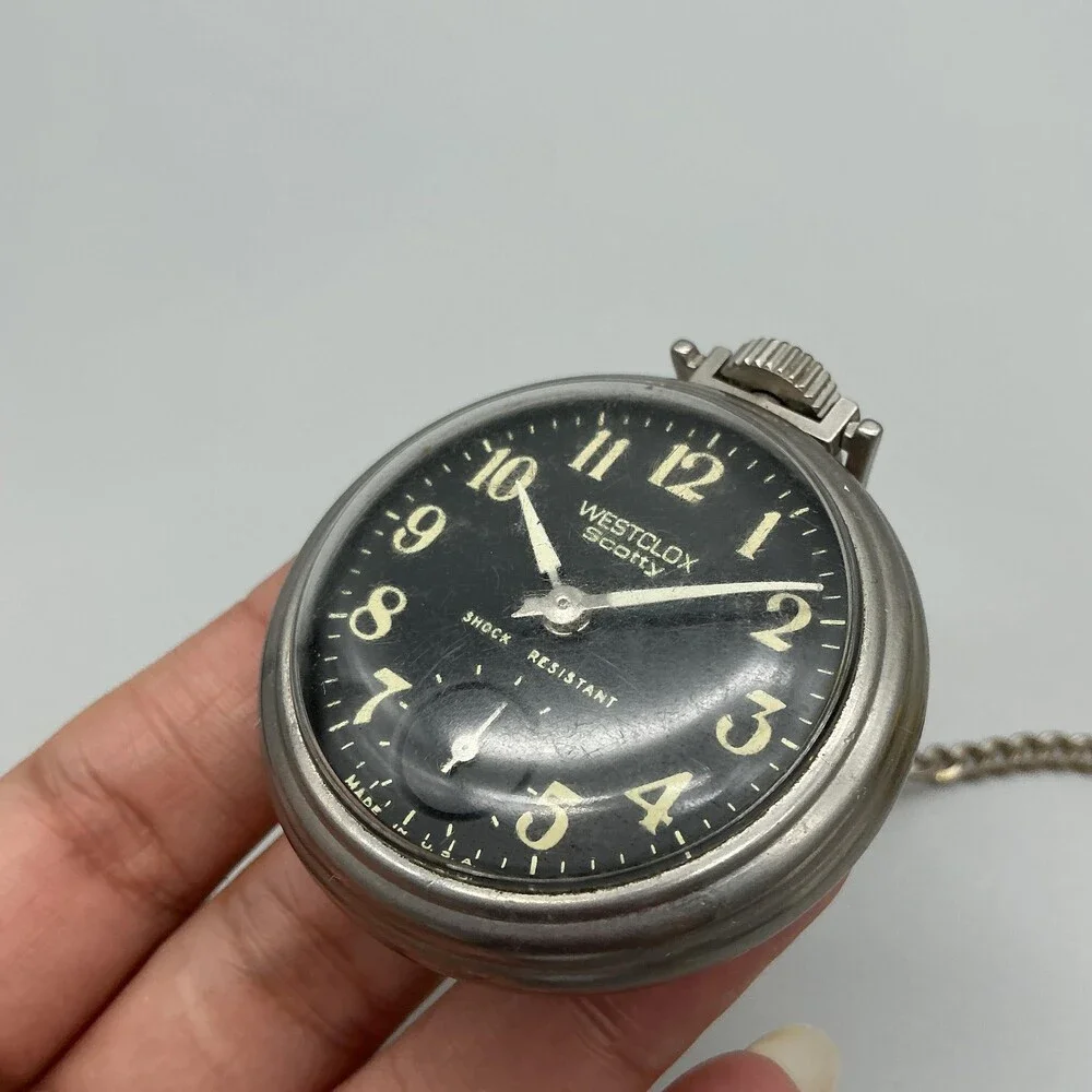 Vintage Westclox Scotty Pocket Watch Men 50mm Black Dial Silver Manual Wind